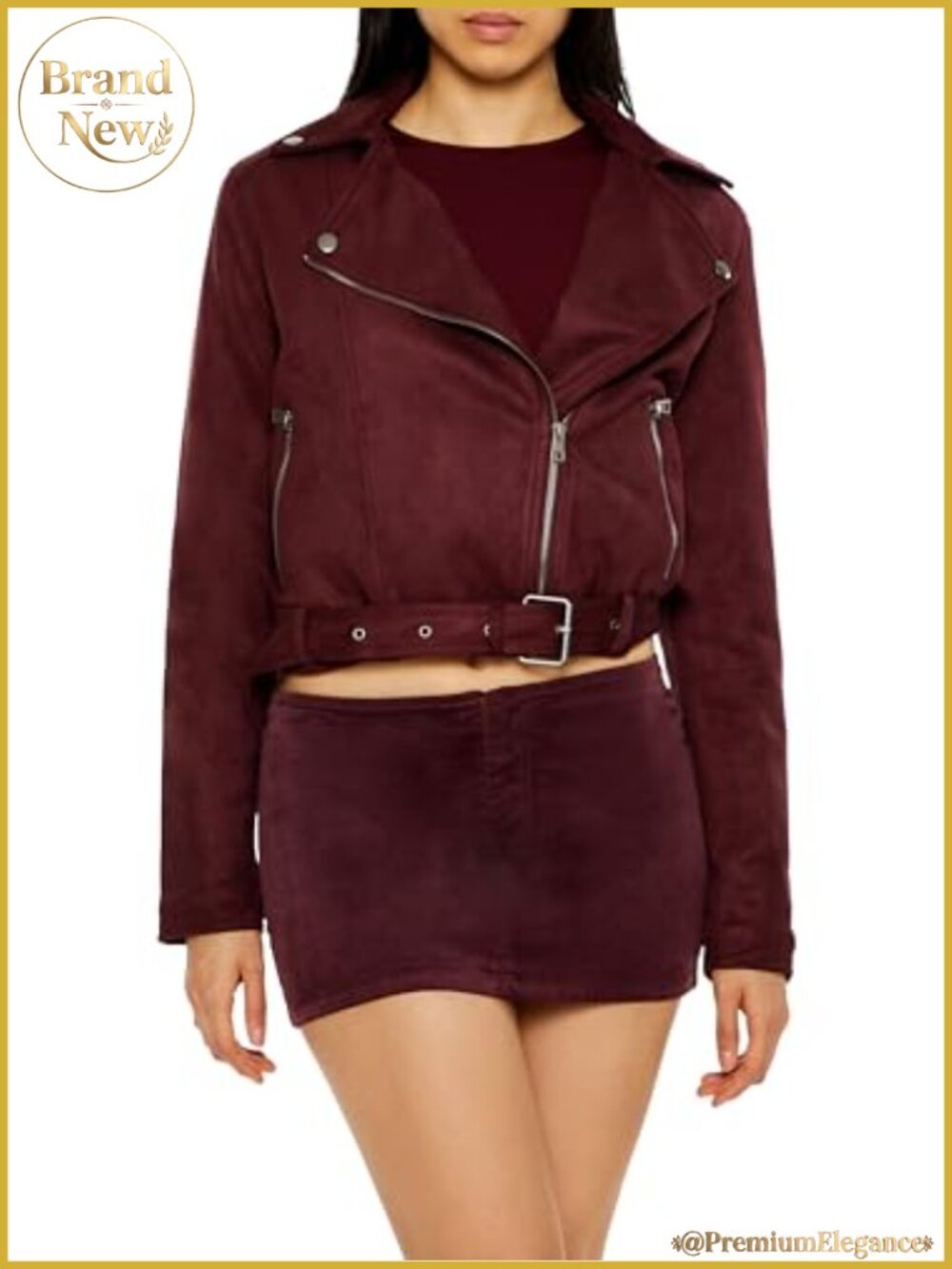 Faux Suede Cropped Moto Jacket Asymmetrical Zip Belted Casual